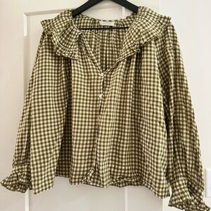 Doen Olive Checkered Ruffle Blouse